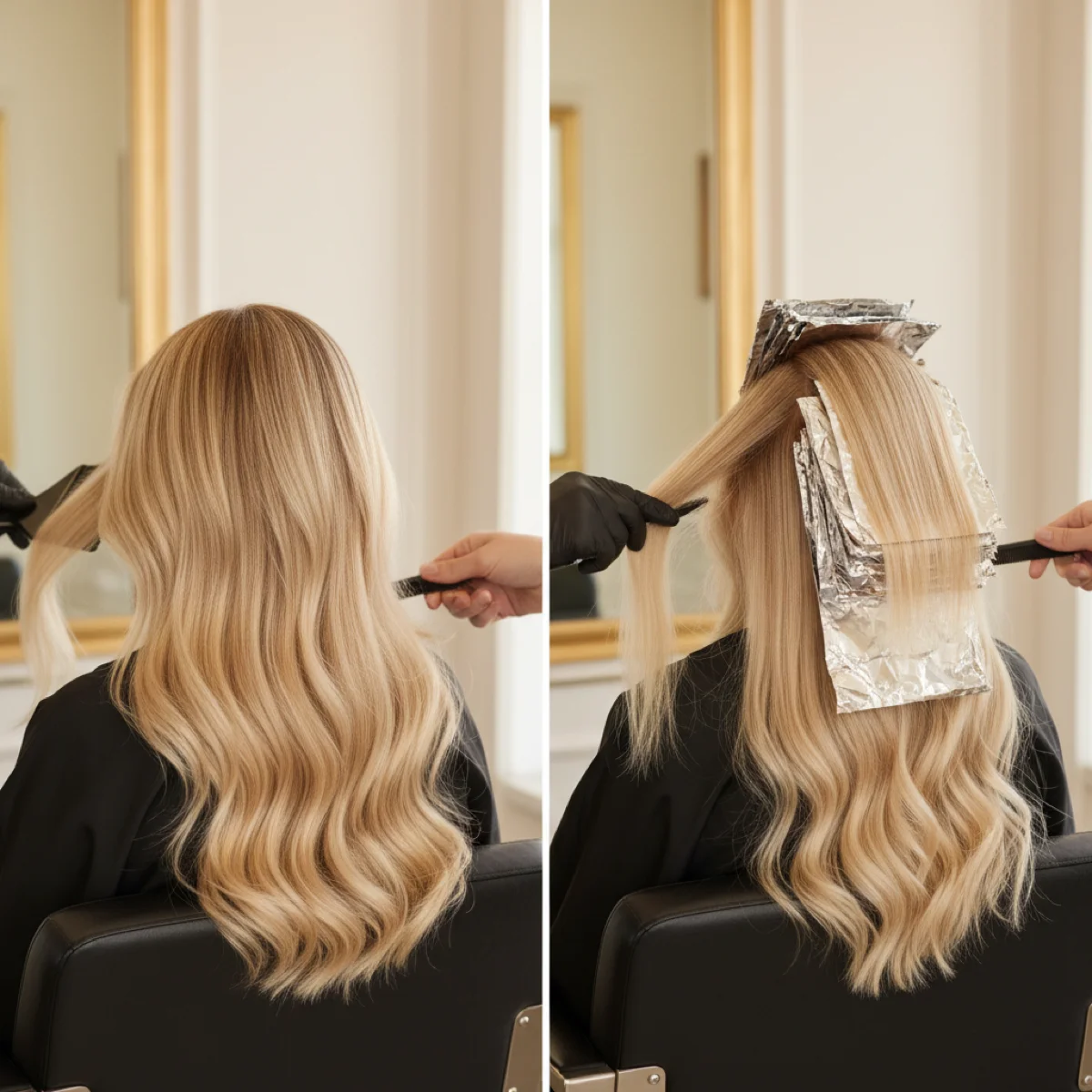 Side by side comparison of balayage and traditional foil highlights techniques