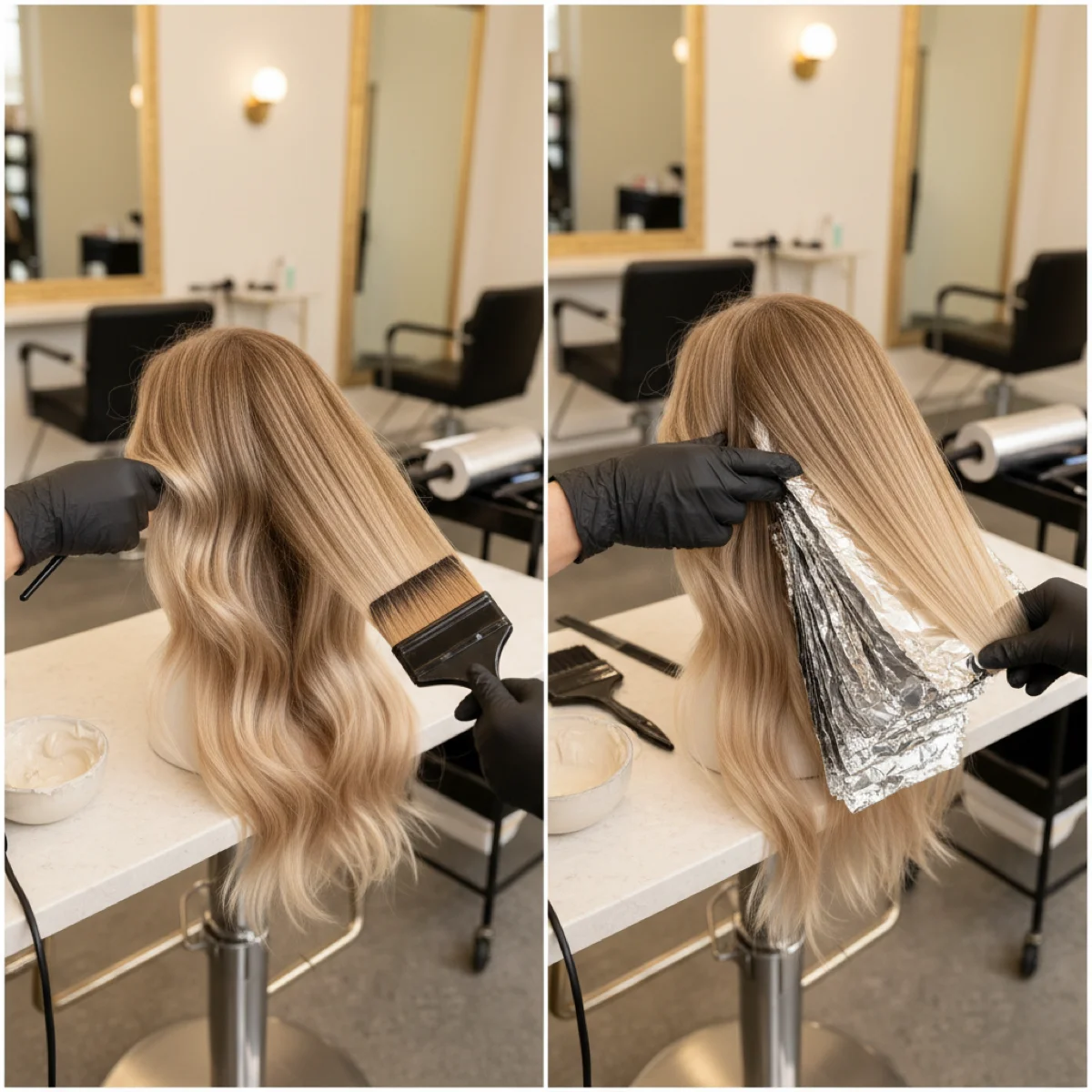 Comparación lado a lado de técnicas balayage y mechas tradicionales