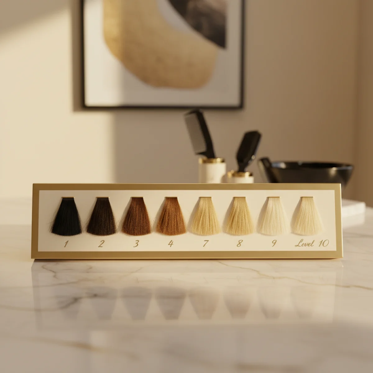 Professional hair color level swatch book showing levels 1 to 10