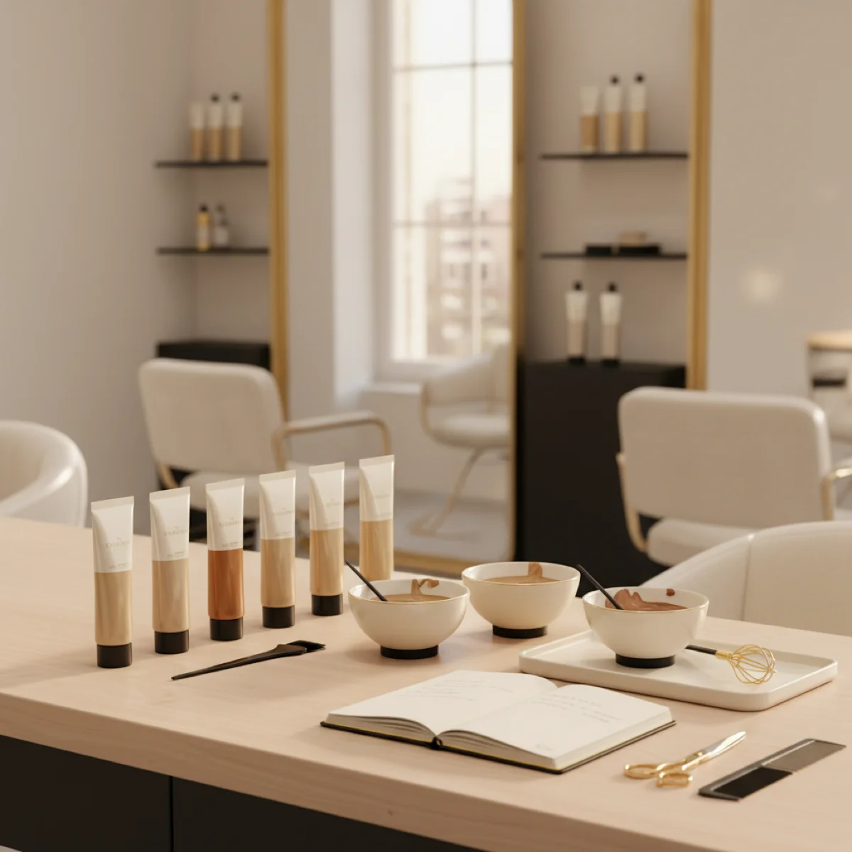 Professional colorist weighing hair dye on precision scale in salon