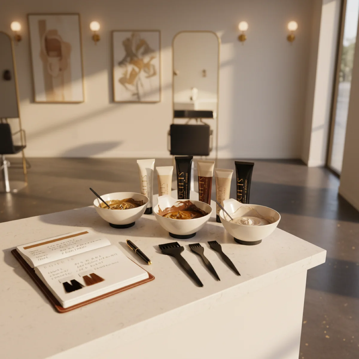 Colorista profesional pesando tinte en báscula de precisión