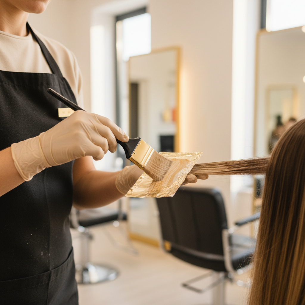 Colorista profesional aplicando técnica foilyage con pincel y papel de aluminio