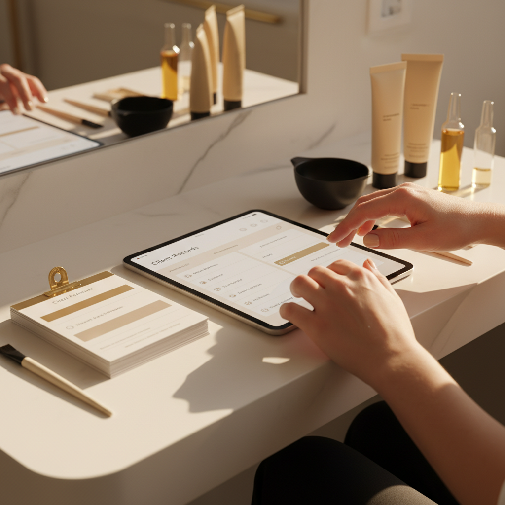 Colorista profesional organizando fichas de formulas en tablet junto a productos de coloracion