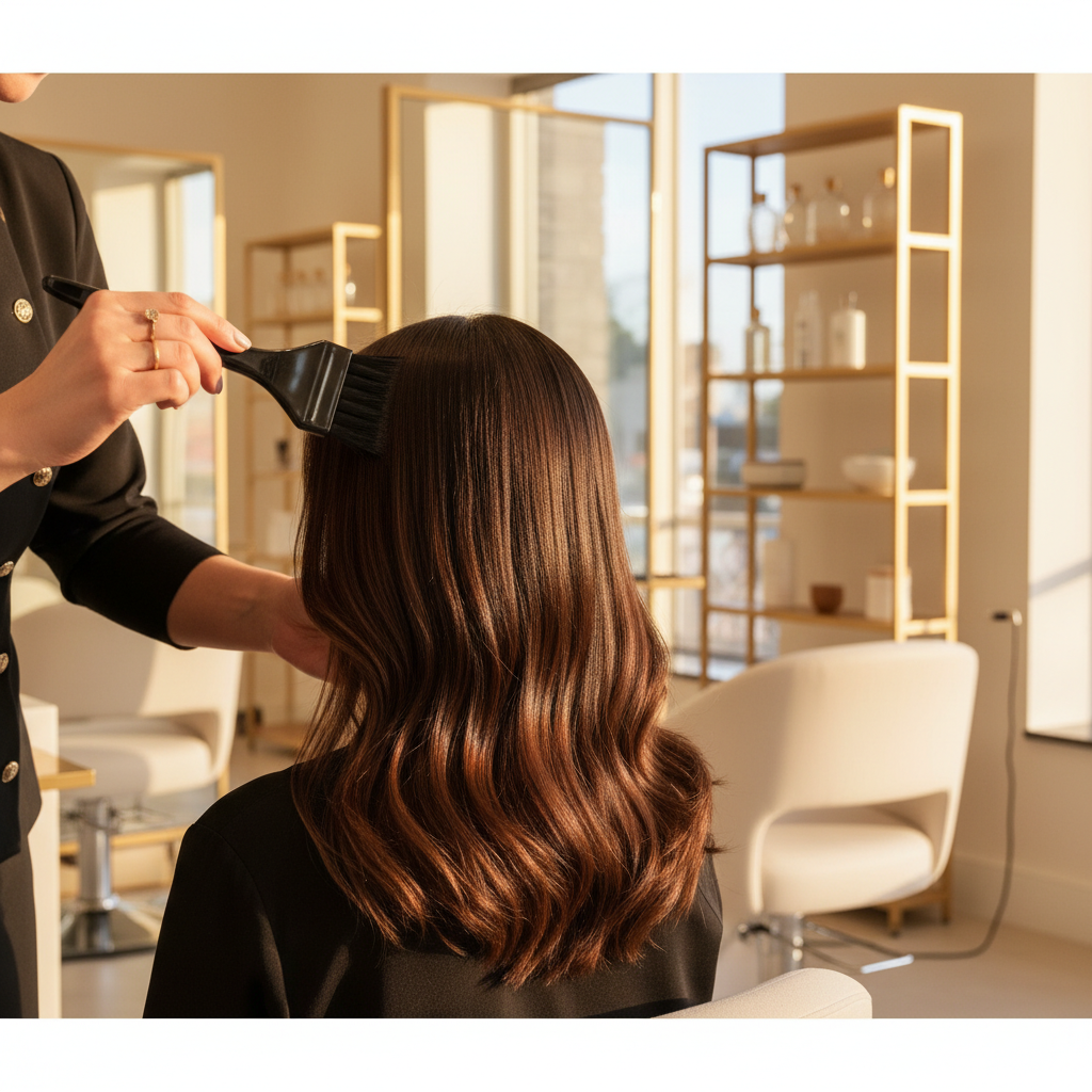 Aplicación de gloss capilar profesional en salón con resultado brillante