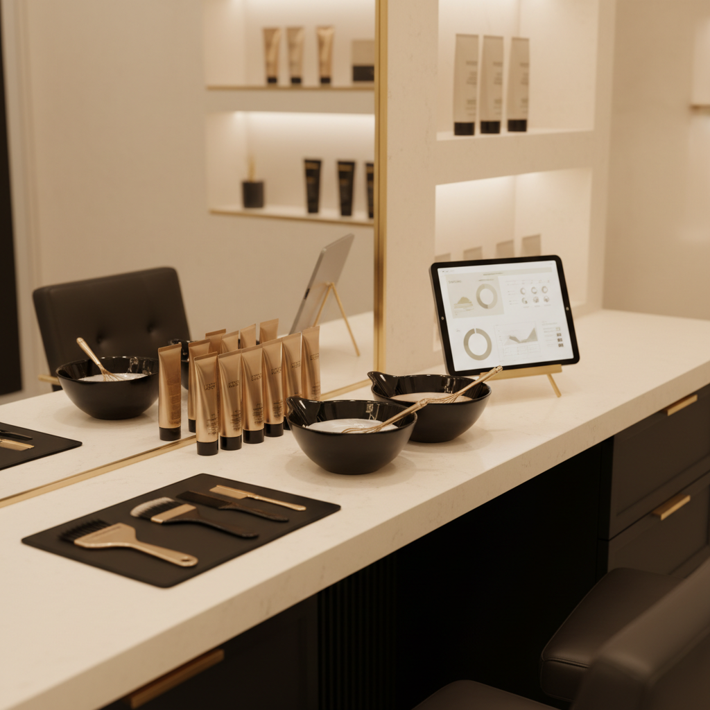 Salon de coloracion profesional moderno con estacion de trabajo y productos organizados