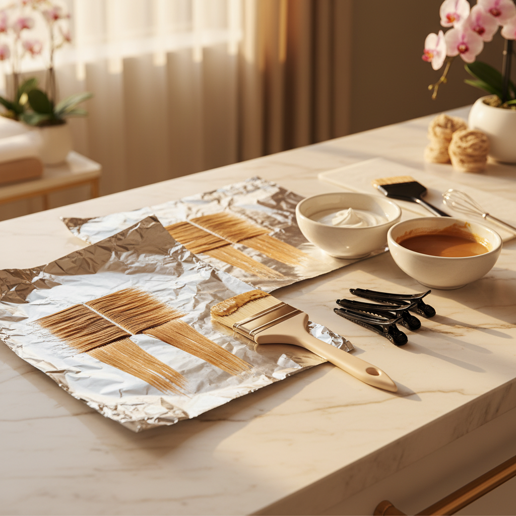 Colorista profesional aplicando técnica de balayage con pincel en salón moderno