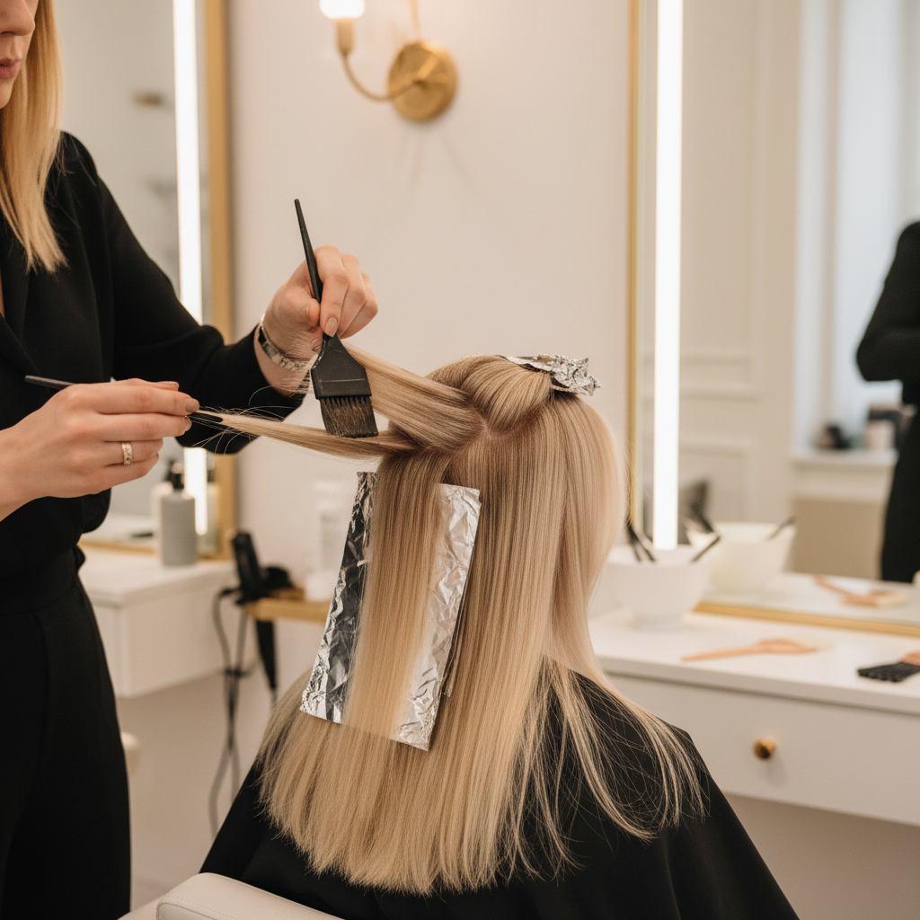 Colorista profesional aplicando lowlights con técnica de tejido para añadir profundidad