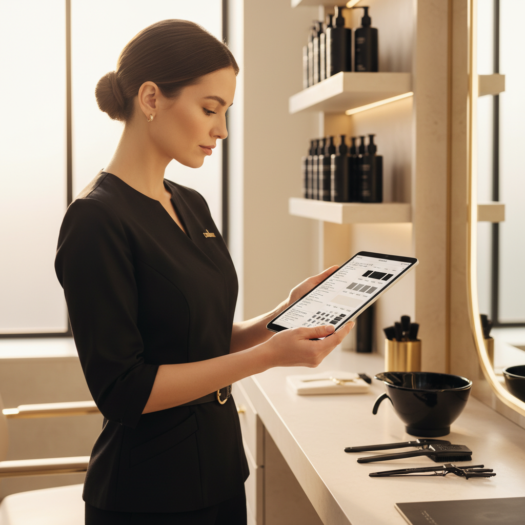 Colorista profesional usando una app de formulación de color en su tablet