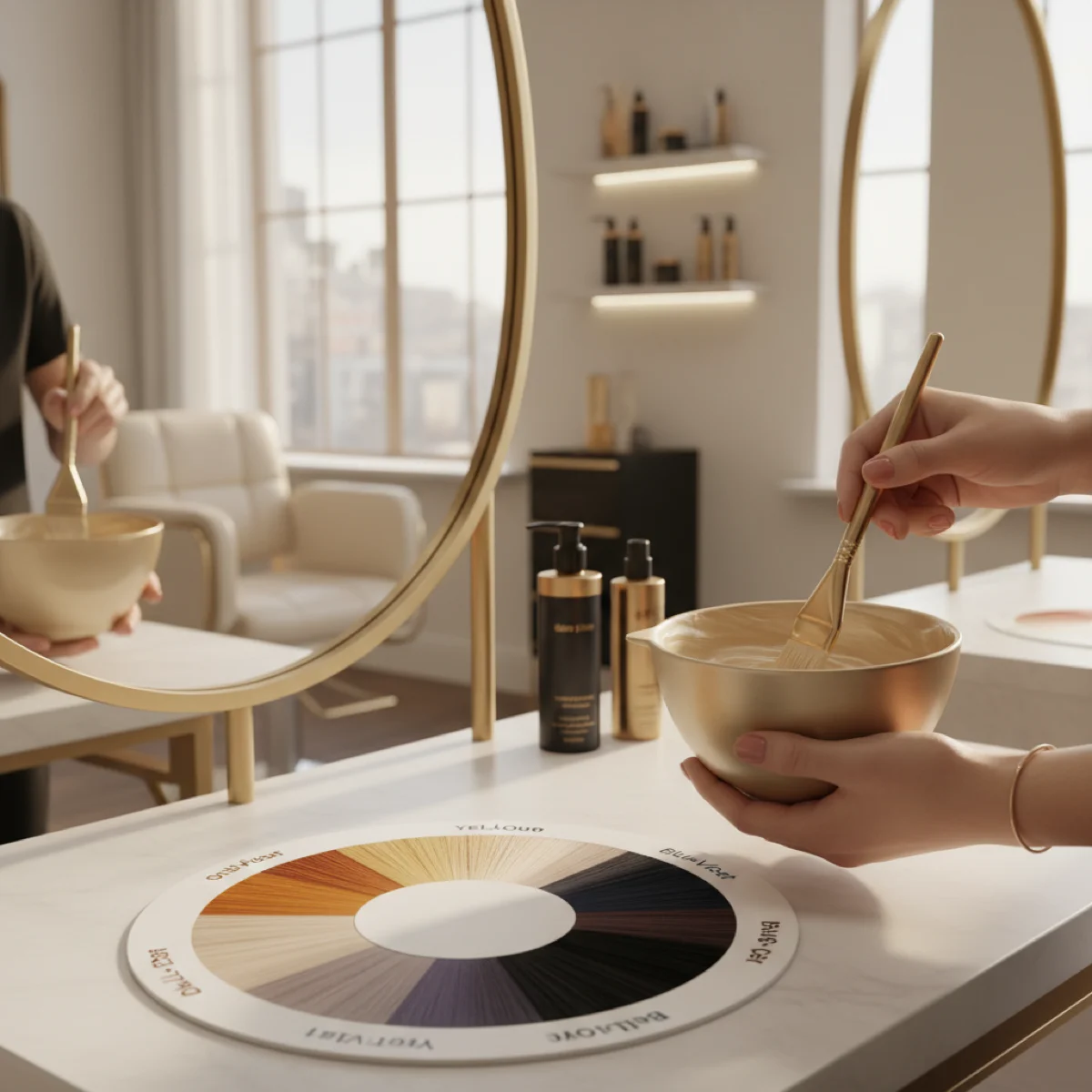 Rueda cromática mostrando colores complementarios para neutralización capilar