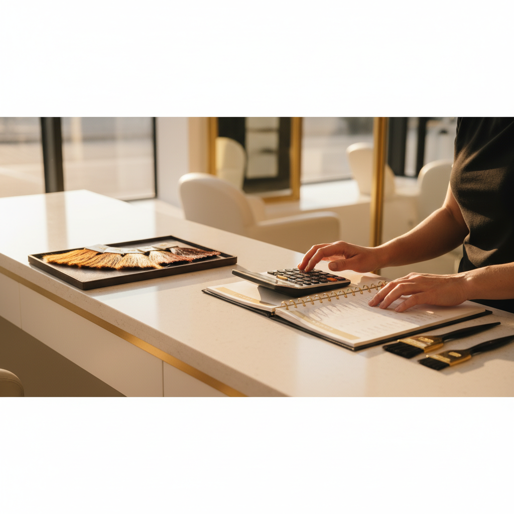 Calculadora y tabla de precios en estacion de trabajo de salon de coloracion profesional