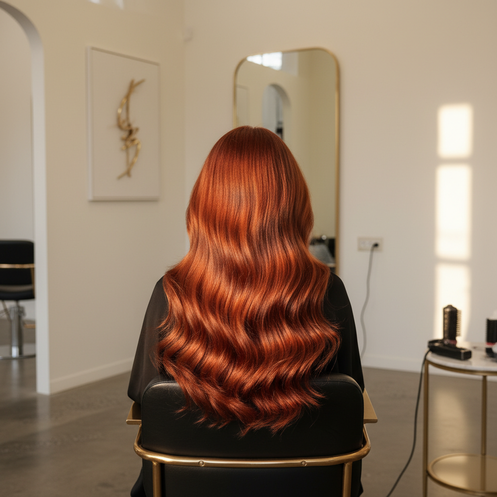 Colorista profesional aplicando tinte rojo romántico en cabello para San Valentín