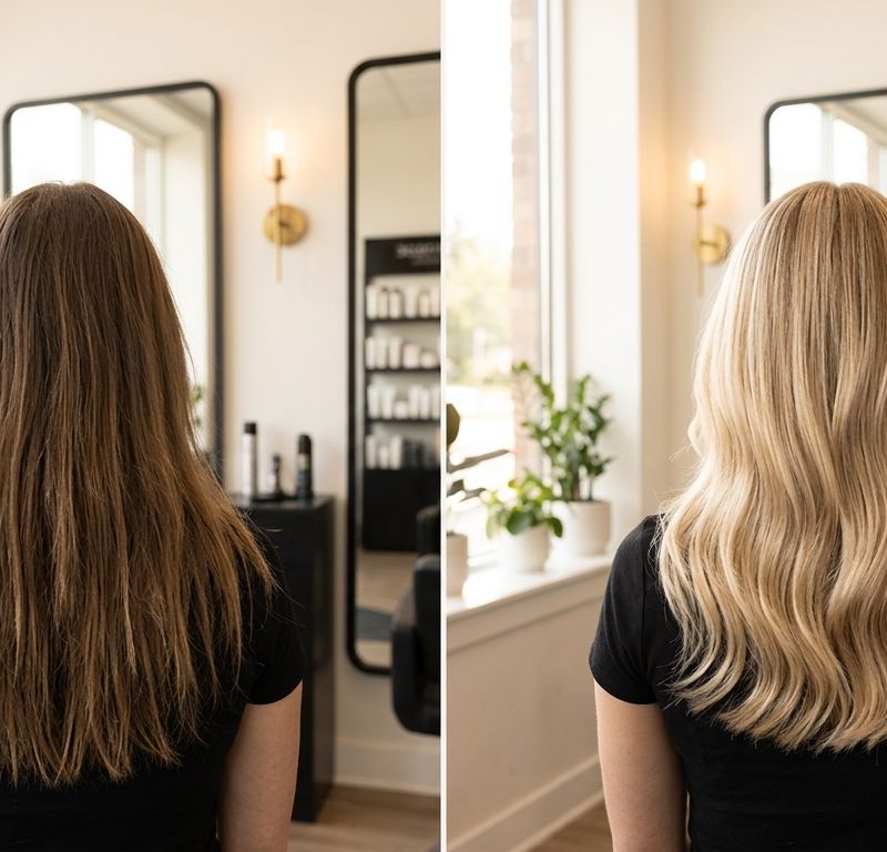 Before and after a safe lightening service: from flat brunette to dimensional blonde