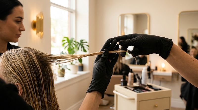 Colorista profissional avaliando o cabelo de uma cliente antes de um serviço de clareamento em salão moderno
