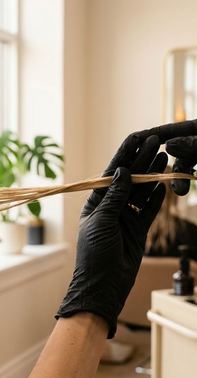 Professional colorist evaluating a client's hair before a lightening service in a modern salon