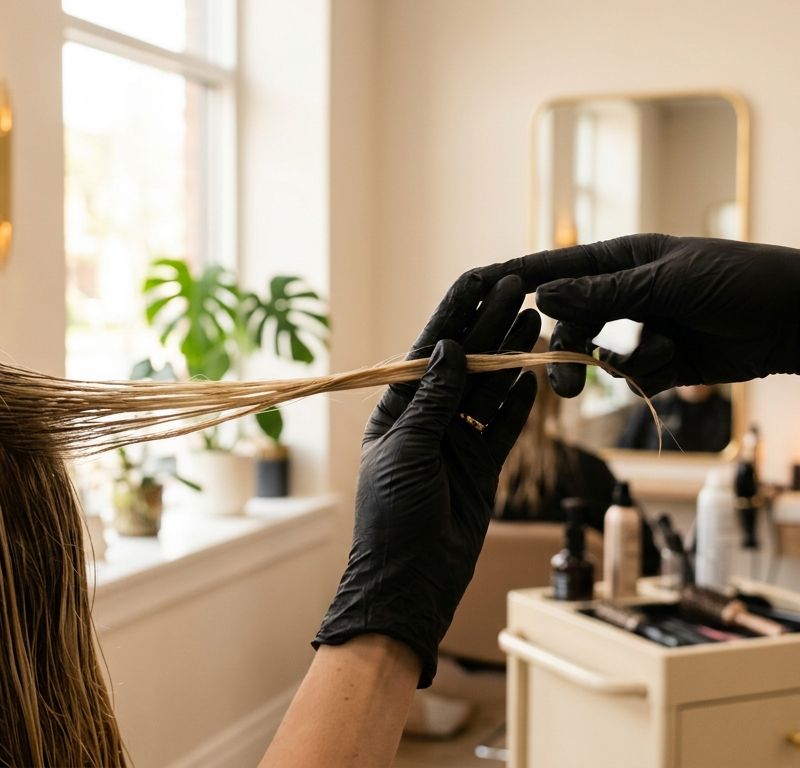 Professional colorist evaluating a client's hair before a lightening service in a modern salon