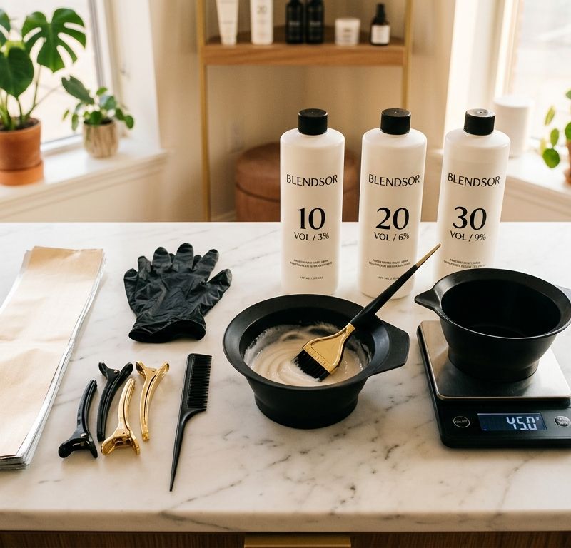 Professional mixing station with bleach powder, precision scale, and developers