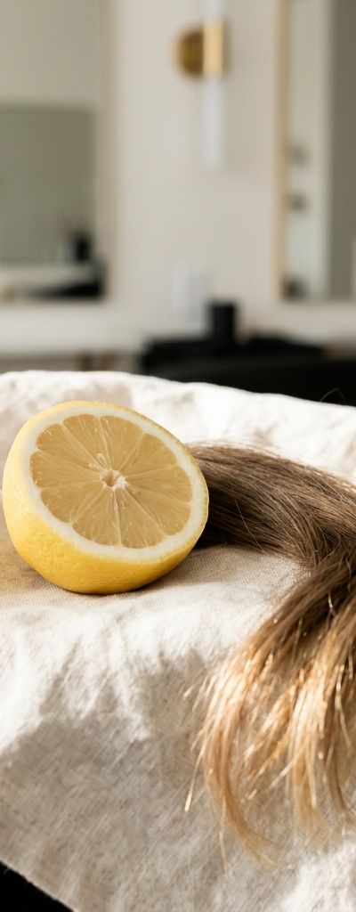 A halved lemon beside a lock of light-brown hair with golden sun-bleached ends on pale linen in warm summer light