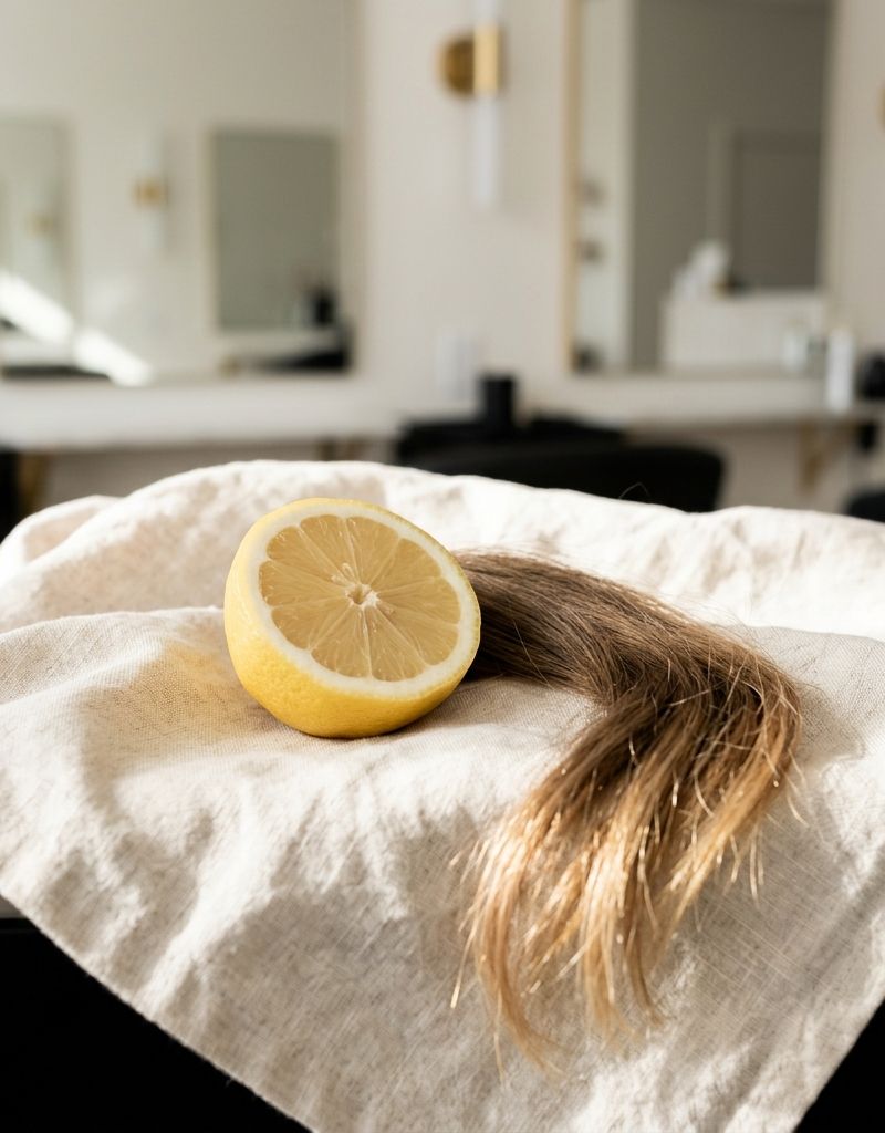 A halved lemon beside a lock of light-brown hair with golden sun-bleached ends on pale linen in warm summer light