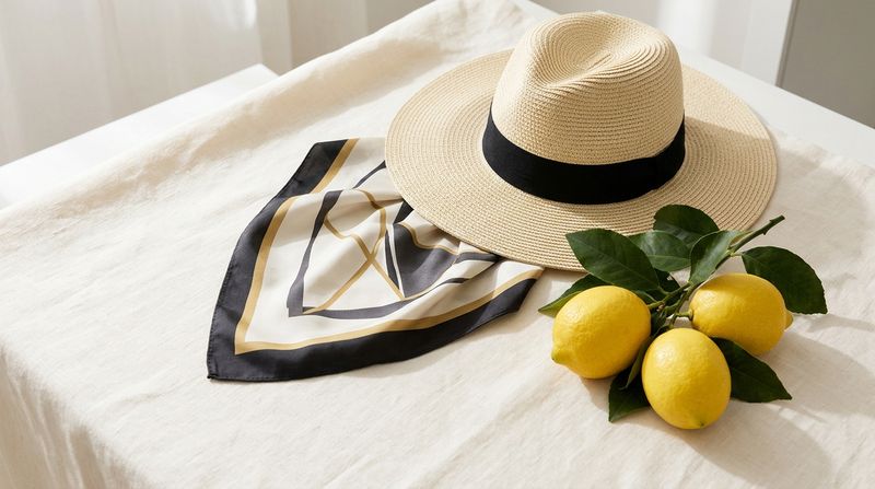 Summer flat lay on pale linen: a straw sun hat, a silk scarf and fresh lemons in warm natural light