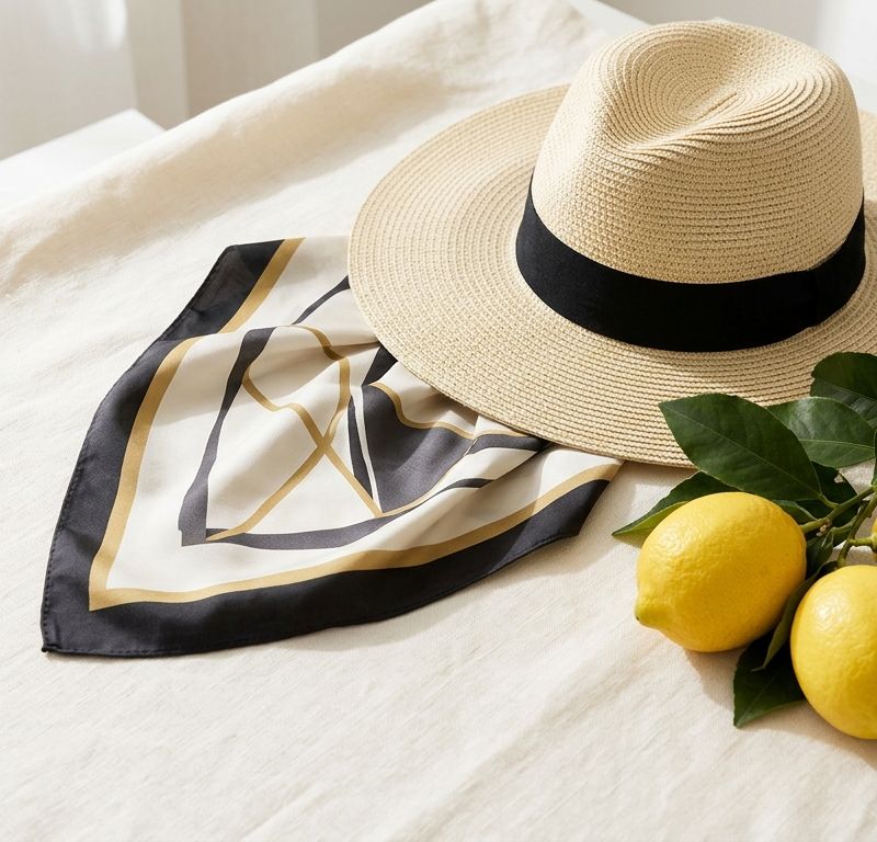 Summer flat lay on pale linen: a straw sun hat, a silk scarf and fresh lemons in warm natural light