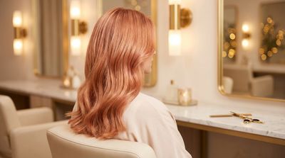 Cabelo com tom baby copper mostrando cobre sutil e rosado dourado sob luz natural em salão profissional