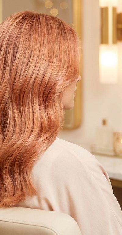 Baby copper hair showing subtle peach-toned copper with golden warmth under natural salon light