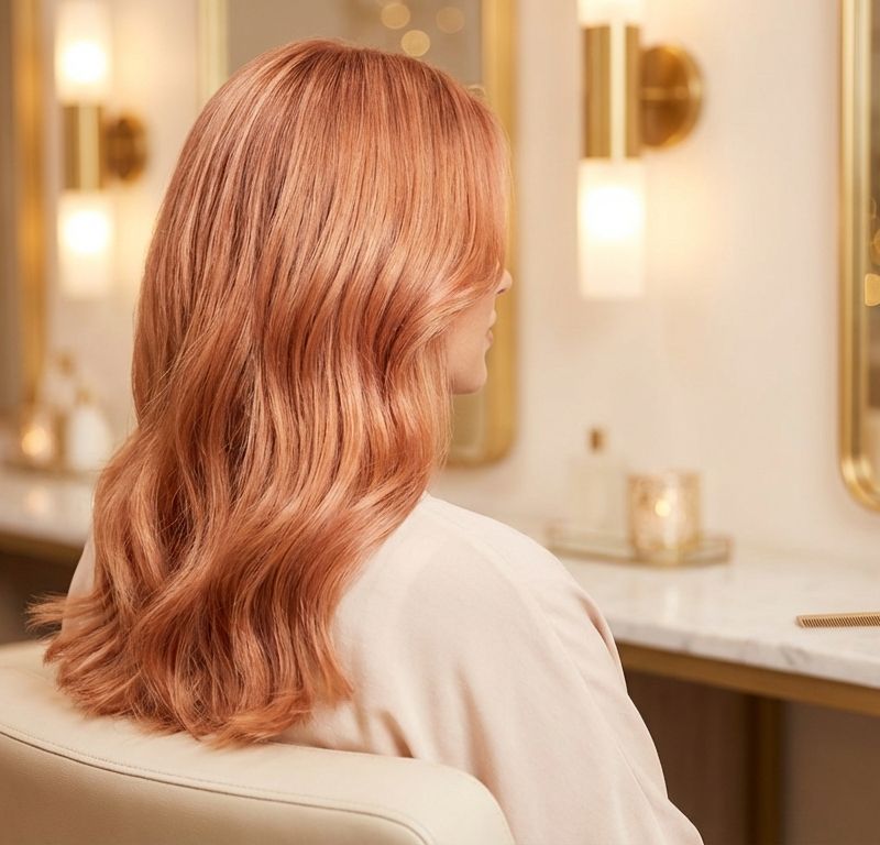 Baby copper hair showing subtle peach-toned copper with golden warmth under natural salon light
