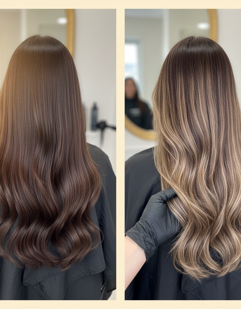 Transformación antes y después de babylights en cabello castaño mostrando el efecto dimensional natural