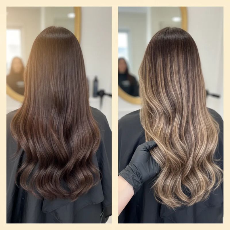 Before and after babylights transformation on brown hair showing natural dimensional effect