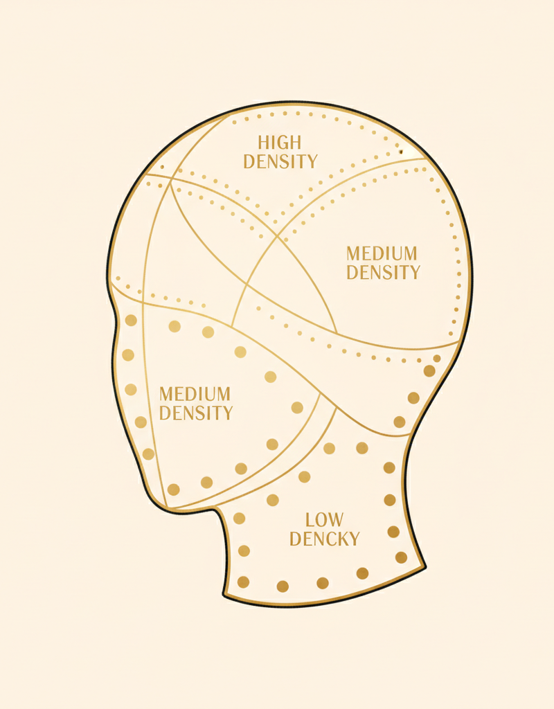 Diagrama de secciones de cabello mostrando zonas de densidad para aplicación de babylights