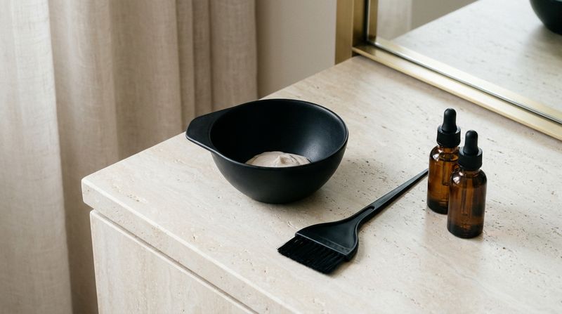Encimera editorial con bowl, brocha y dos botes ámbar — composición fórmula calculada antes de mezclar