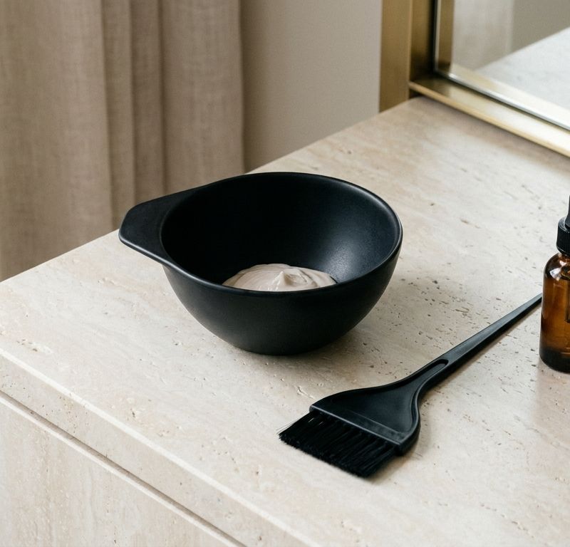 Editorial counter with bowl, brush and two amber bottles — composition of a formula calculated before mixing