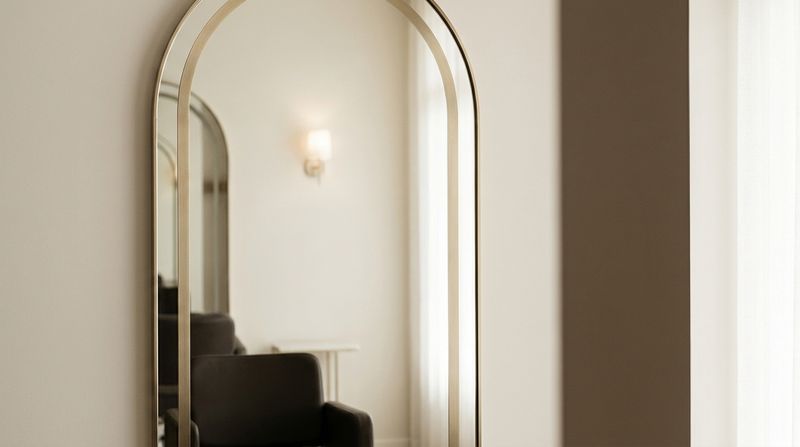 Reflejo en espejo de cabina premium con sutil acento dorado, ambiente editorial Kérastase