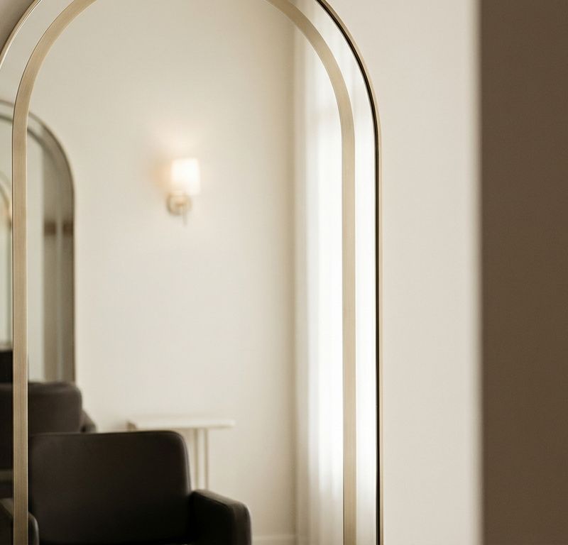Reflection in a premium salon mirror with subtle gold accent, Kérastase editorial mood