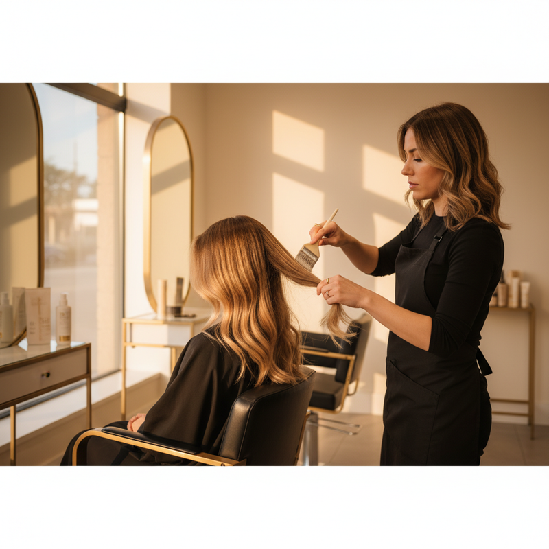 Colorista profesional aplicando balayage rubio con pincel de mano alzada en salón moderno