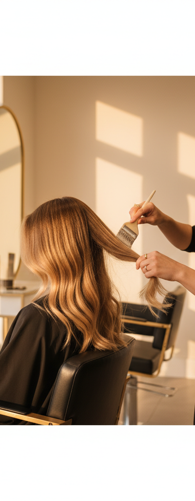 Colorista profesional aplicando balayage rubio con pincel de mano alzada en salón moderno