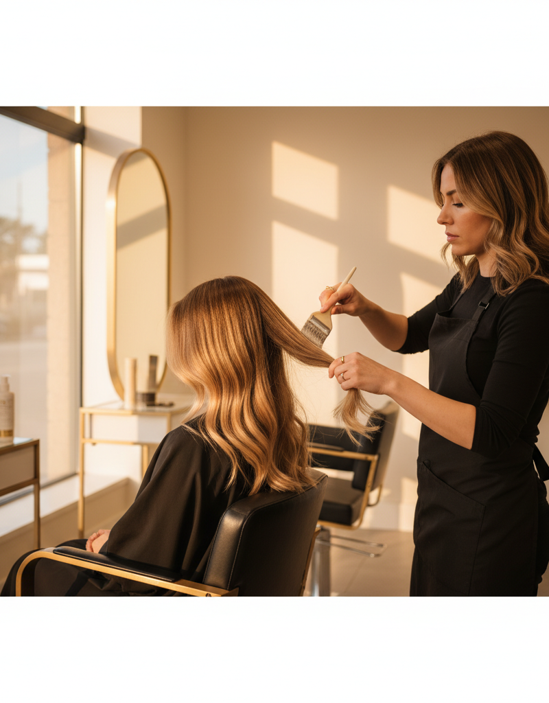 Colorista profesional aplicando balayage rubio con pincel de mano alzada en salón moderno