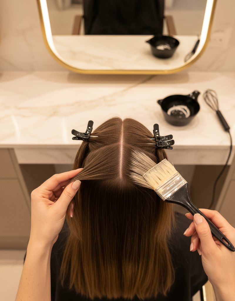 Diagrama de secciones de aplicación del balayage rubio con zonas de mayor y menor saturación