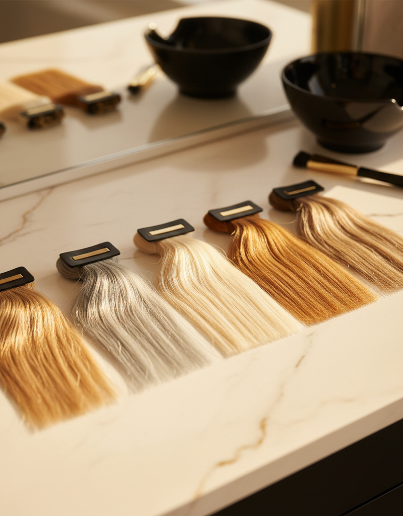 Comparativa visual de los cinco tipos de balayage rubio: natural, ceniza, platino, miel y dimensional