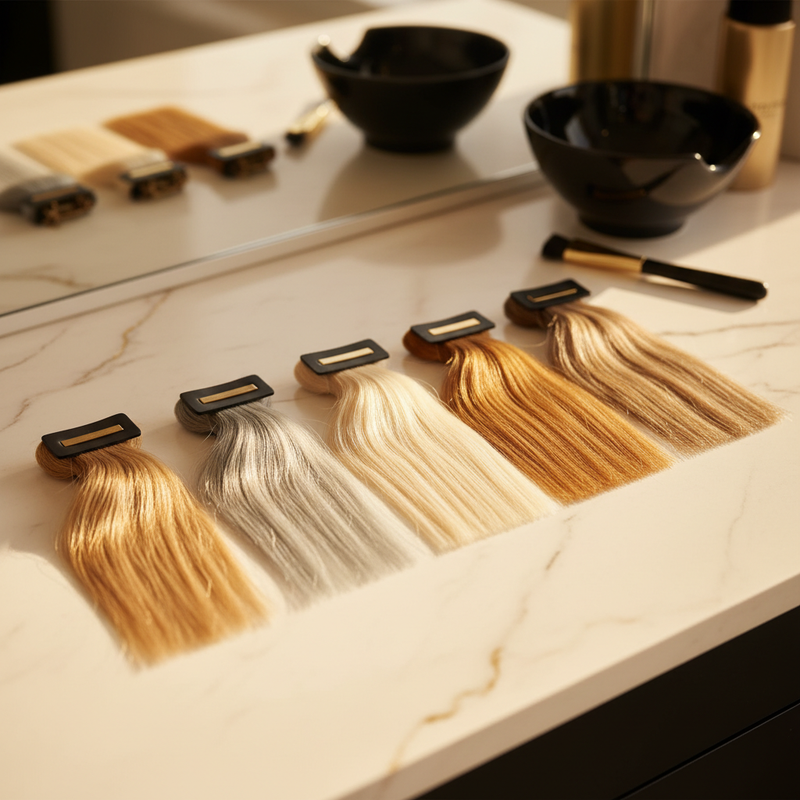 Comparativa visual de los cinco tipos de balayage rubio: natural, ceniza, platino, miel y dimensional