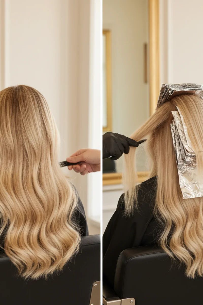 Side by side comparison of balayage and traditional foil highlights techniques