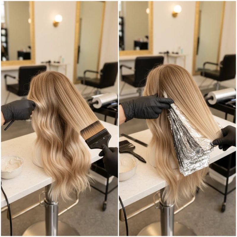 Comparação lado a lado de técnicas balayage e mechas tradicionais