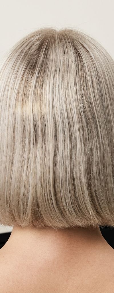 Back view of a platinum blonde bob with visible regrowth at the crown, in front of a salon workstation
