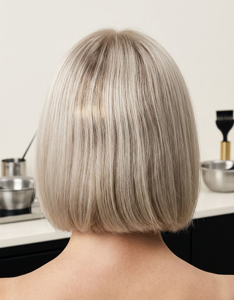 Back view of a platinum blonde bob with visible regrowth at the crown, in front of a salon workstation