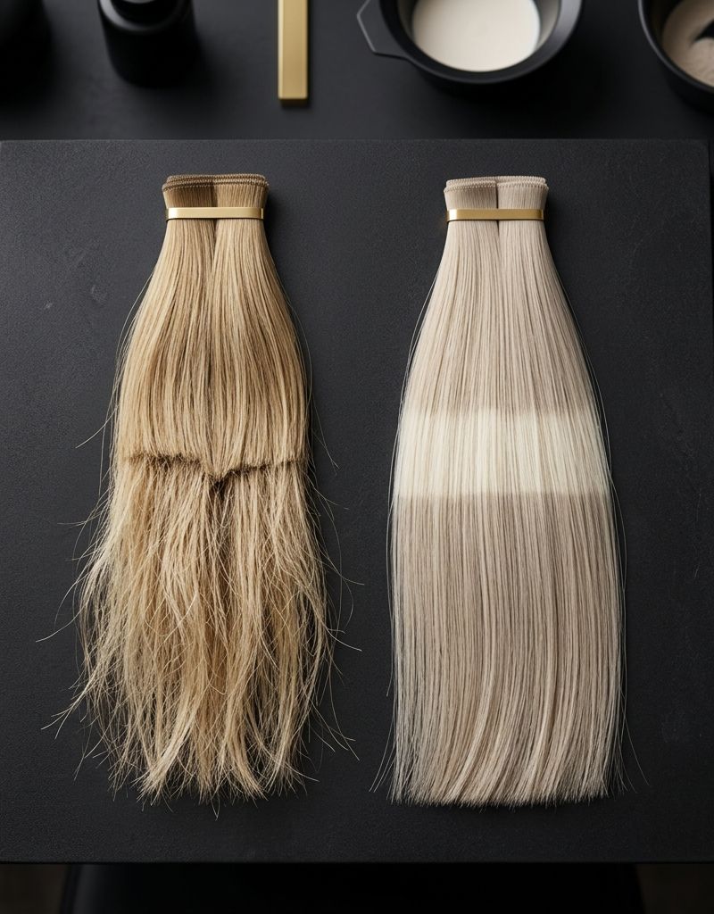 Side-by-side of two hair swatches: one with mid-length breakage from overlap, the other with a lighter band from hot roots