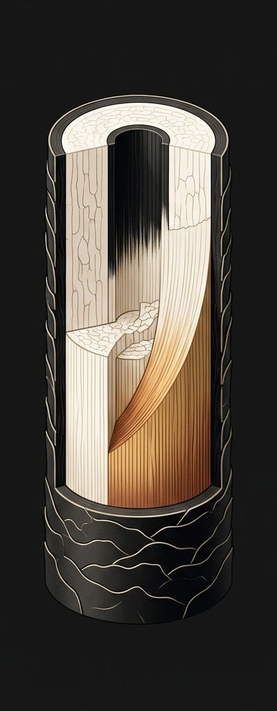 Technical diagram of hair cross-section showing demarcation zone with warm and cool underlying tones, black background with gold and brown palette