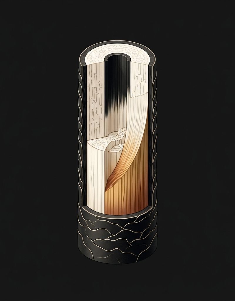 Technical diagram of hair cross-section showing demarcation zone with warm and cool underlying tones, black background with gold and brown palette