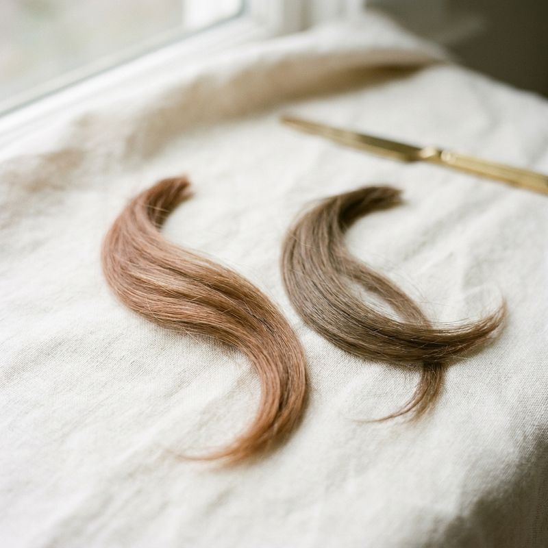 Dos mechones de pelo castaño uno junto al otro sobre lino natural, uno con reflejo naranja y otro frío y neutro, con luz suave de día