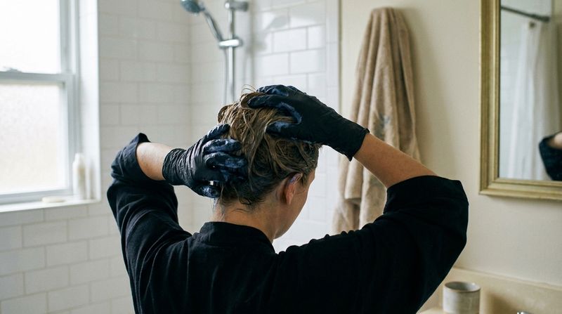 Una mujer en el baño de su casa, de espaldas, distribuyendo espuma azul por su propio pelo castaño mojado con guantes