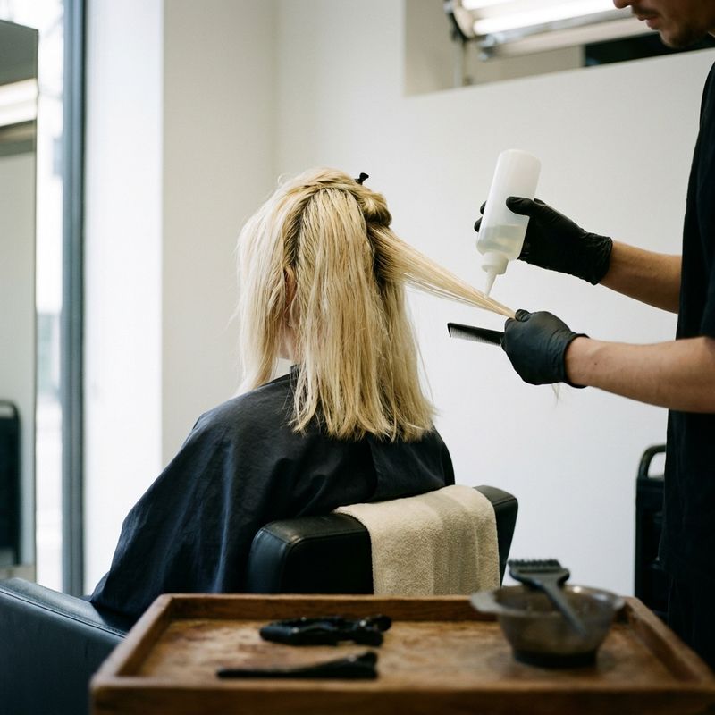 Mãos com luvas aplicando um tratamento numa mecha fina do cabelo loiro descolorido de uma pessoa sentada no salão